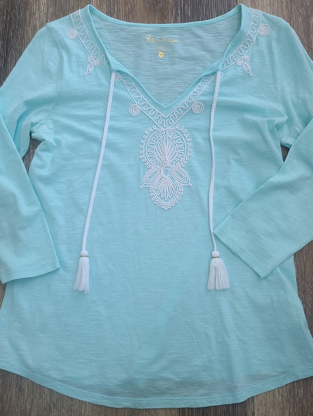 Lilly Pulitzer Embroidered Pool Blue 3/4 Sleeve Top Women's Size Small
